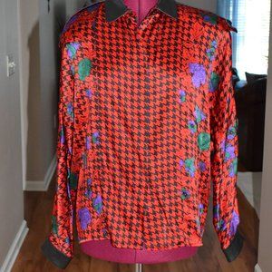 Che Bella red & black leather trim 100 silk button down long sleeve blouse, 14
